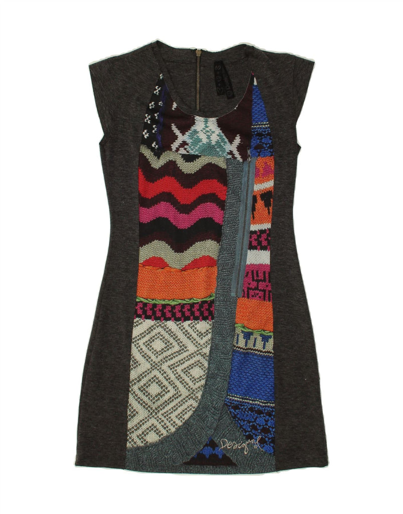 DESIGUAL Womens Graphic Sheath Dress UK 6 XS Grey Patchwork | Vintage Desigual | Thrift | Second-Hand Desigual | Used Clothing | Messina Hembry 