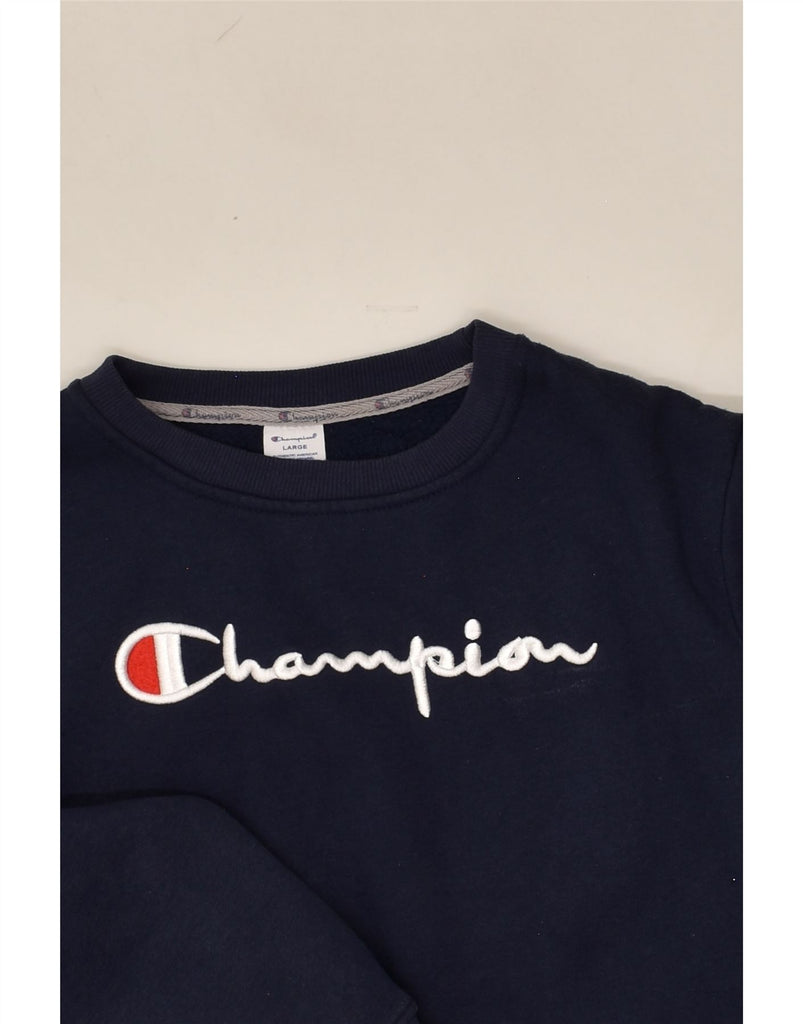 CHAMPION Womens Graphic Sweatshirt Jumper UK 14 Large Navy Blue Cotton | Vintage Champion | Thrift | Second-Hand Champion | Used Clothing | Messina Hembry 