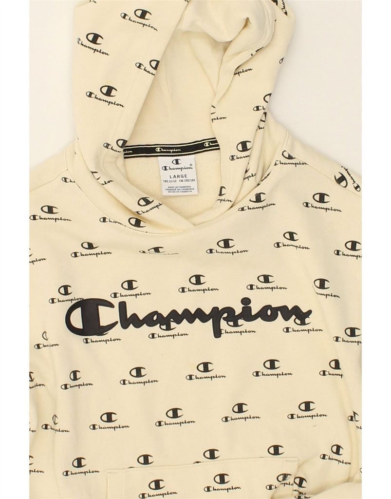 CHAMPION Girls Graphic Hoodie Jumper 11-12 Years Large Beige Cotton | Vintage Champion | Thrift | Second-Hand Champion | Used Clothing | Messina Hembry 