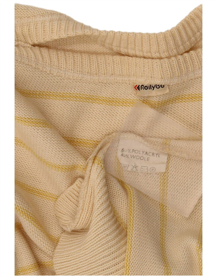 Vintage Mens Boat Neck Jumper Sweater Medium Beige Striped Polyacrylic
