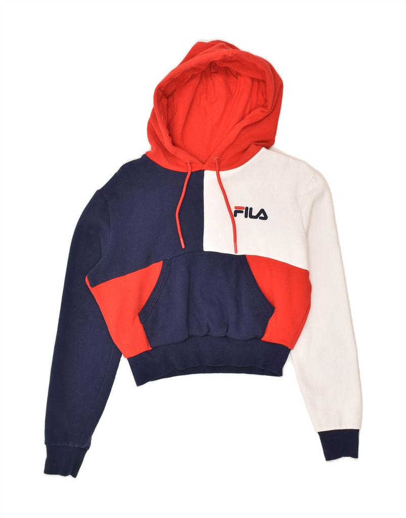 FILA Womens Oversized Graphic Hoodie Jumper UK 6 XS Red Colourblock Cotton | Vintage Fila | Thrift | Second-Hand Fila | Used Clothing | Messina Hembry 