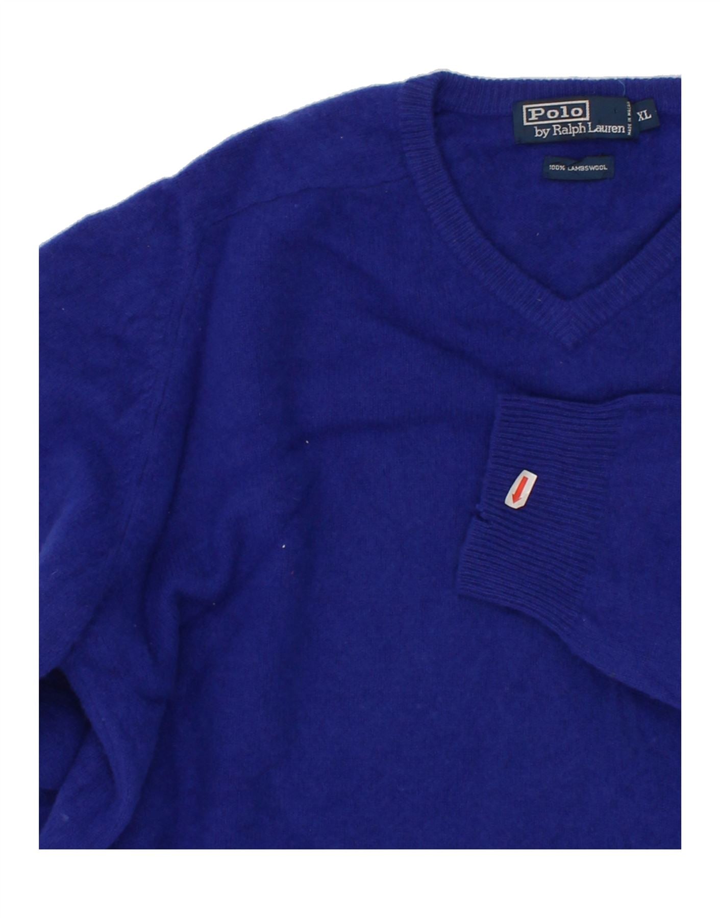 POLO RALPH LAUREN Mens V Neck Jumper Sweater XL Blue Lambswool Vintage Second Hand Clothing Online Messina Hembry