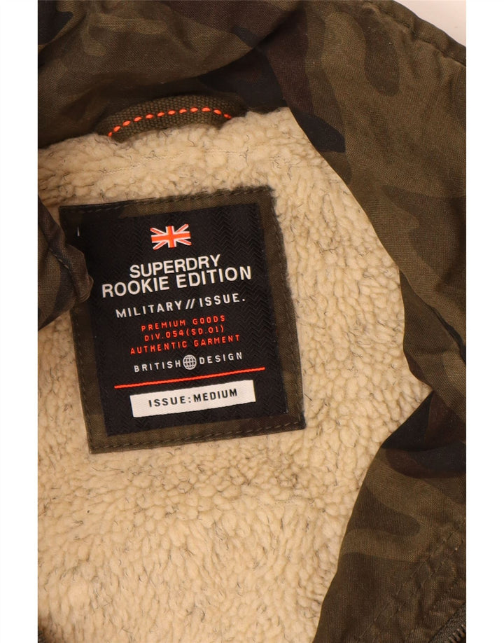 Superdry Mens Hooded Military Jacket UK 38 Medium Khaki Camouflage Cotton