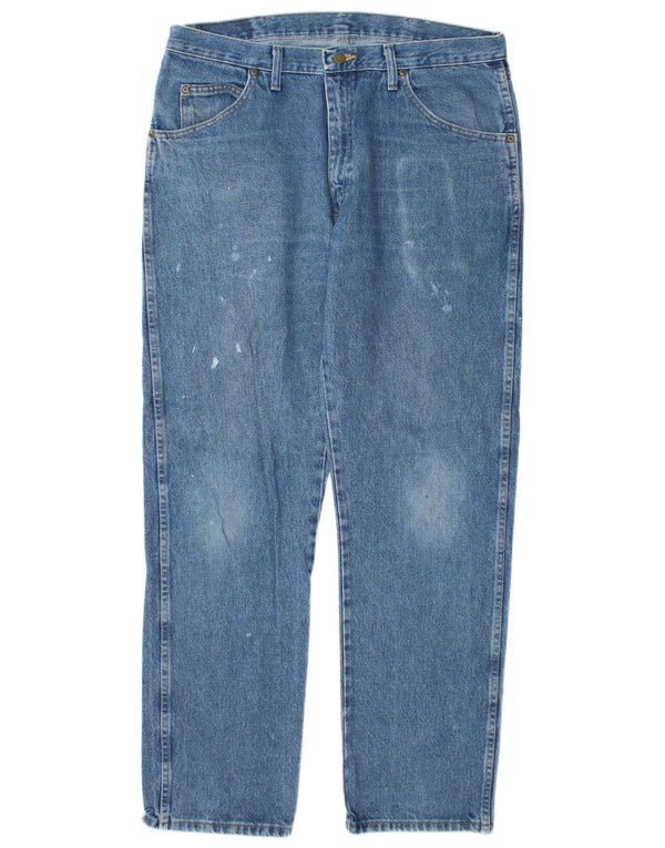 Wrangler Mens Distressed Regular Fit Tapered Jeans W36 L32 Blue Cotton