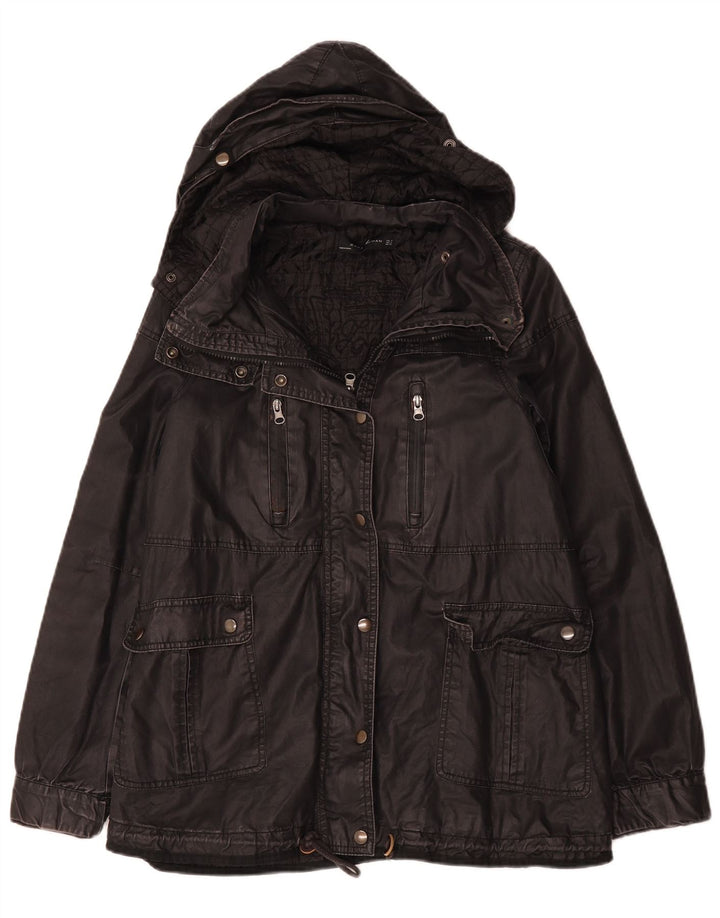 Zara Womens Hooded Waxed Cotton Jacket UK 14 Medium Black