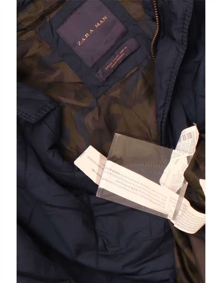 Zara Mens Quilted Jacket UK 38 Medium Navy Blue Polyester