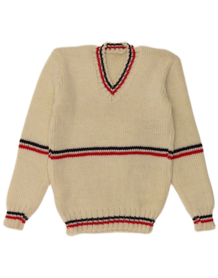 Vintage Mens V-Neck Jumper Sweater Small White Striped