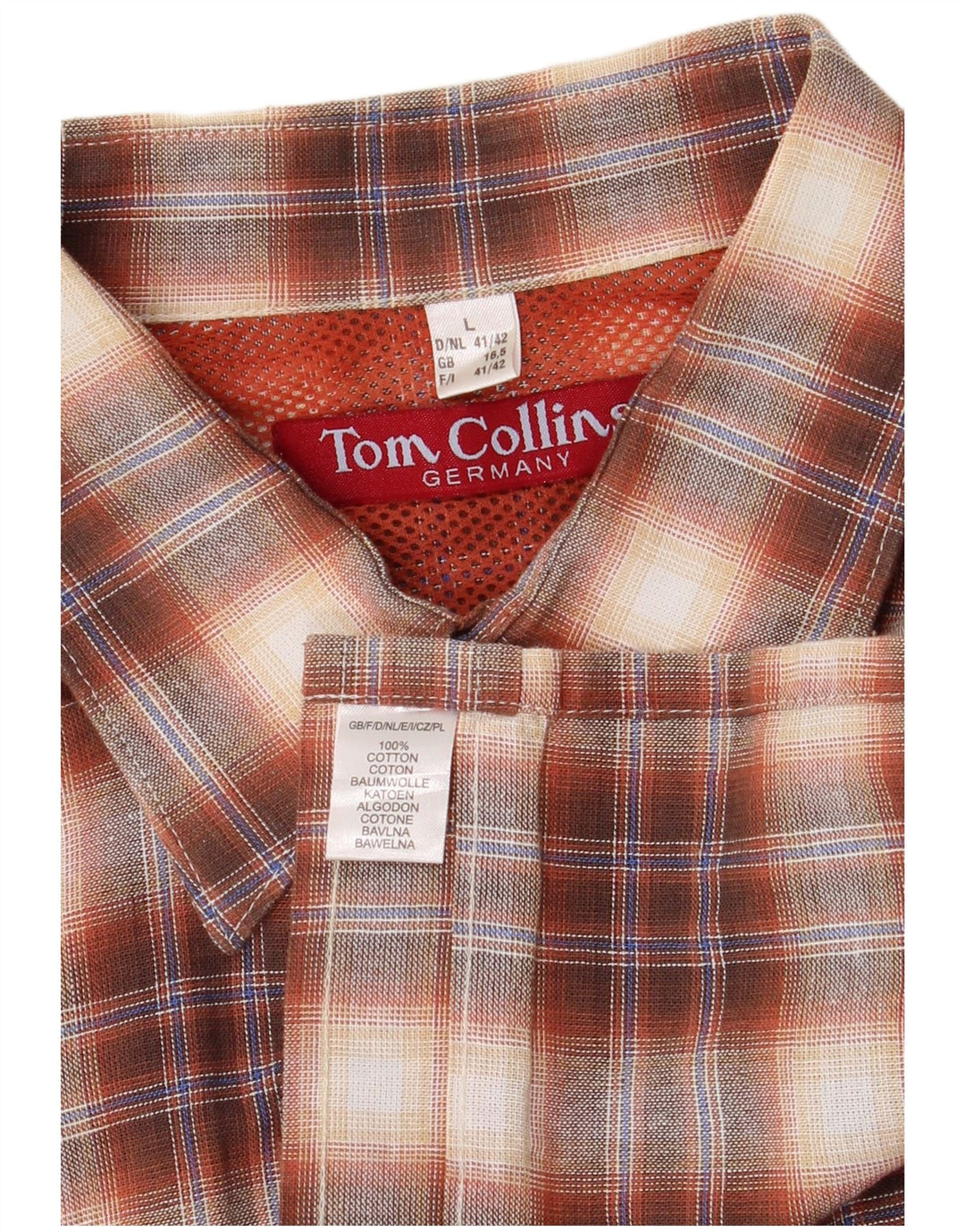 Tom Collins Mens Shirt Size 16 41/42 Large Brown Check Cotton