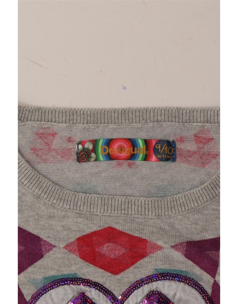 DESIGUAL Girls Boat Neck Jumper Sweater 9-10 Years Grey Geometric Heart Vintage Desigual and Second-Hand Desigual from Messina Hembry 