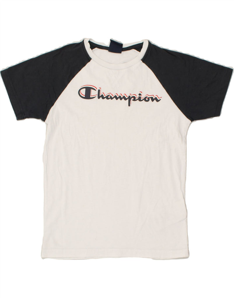 CHAMPION Boys Graphic T-Shirt Top 9-10 Years Medium White Colourblock | Vintage Champion | Thrift | Second-Hand Champion | Used Clothing | Messina Hembry 