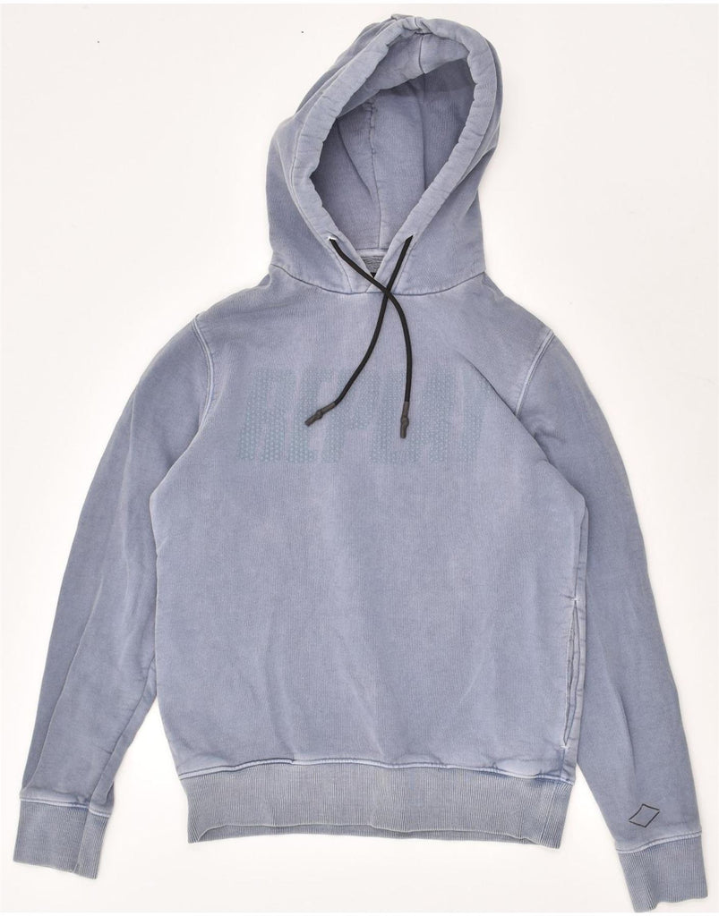 REPLAY Mens Graphic Hoodie Jumper Small Blue Cotton | Vintage Replay | Thrift | Second-Hand Replay | Used Clothing | Messina Hembry 