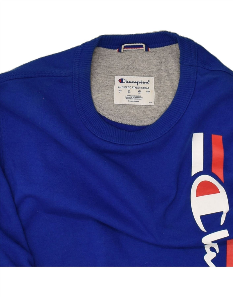 CHAMPION Mens Graphic Sweatshirt Jumper Small Blue Cotton | Vintage Champion | Thrift | Second-Hand Champion | Used Clothing | Messina Hembry 