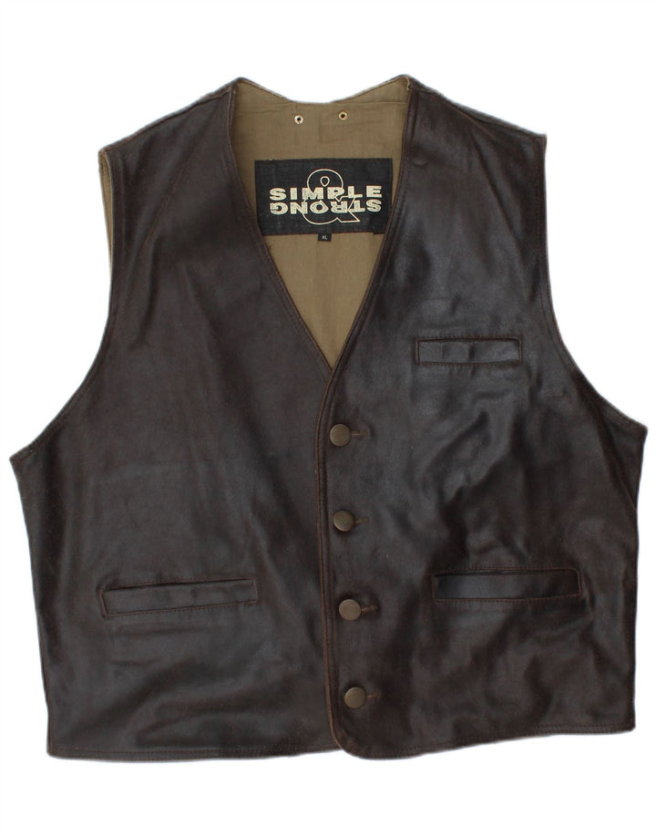 VINTAGE Mens Leather Waistcoat XL Brown Leather