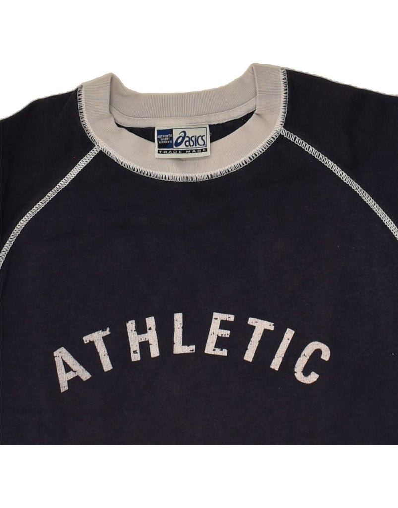 ASICS Boys Graphic Sweatshirt Jumper 9-10 Years Navy Blue Cotton | Vintage Asics | Thrift | Second-Hand Asics | Used Clothing | Messina Hembry 