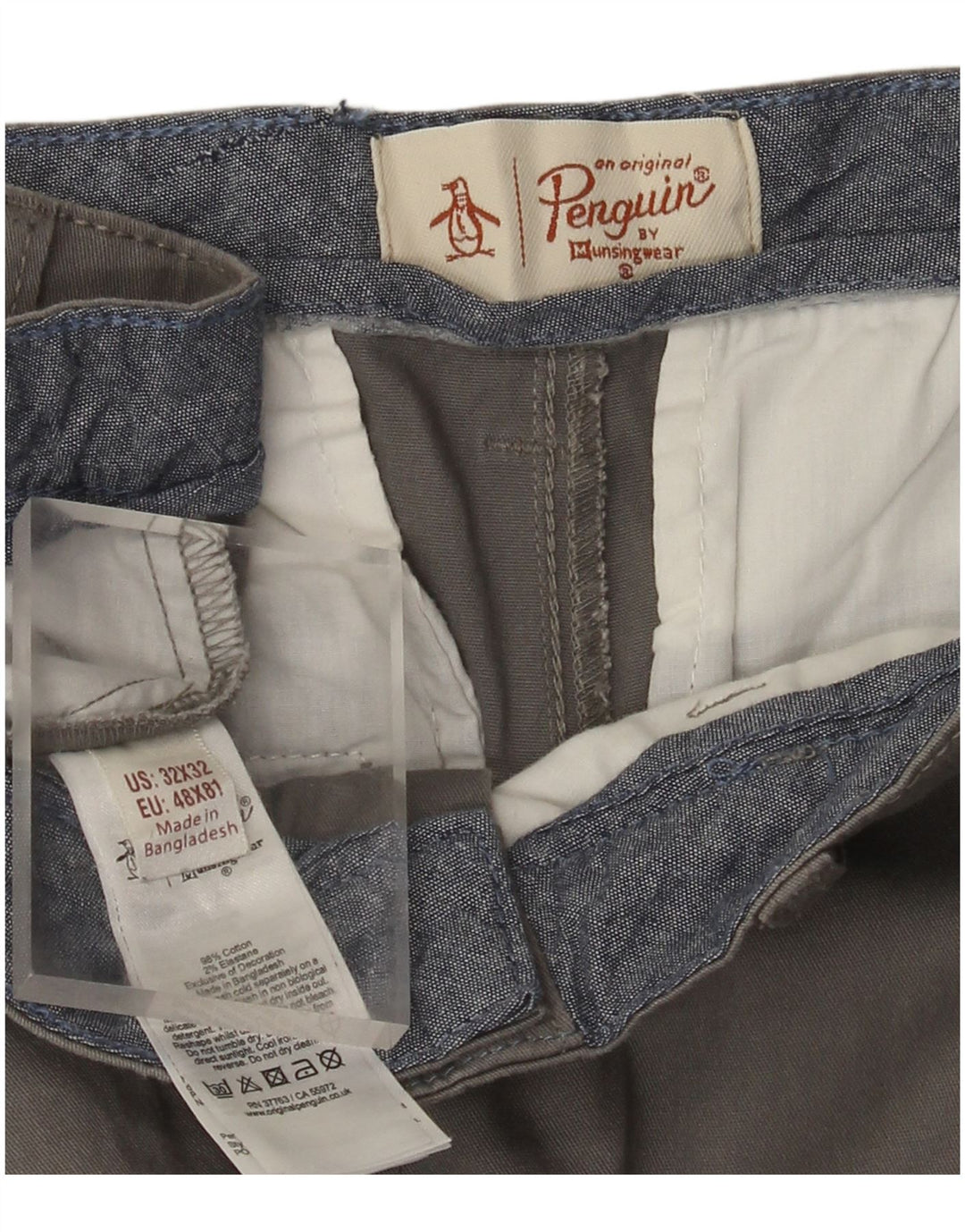 Penguin Mens Slim Chino Trousers W32 L32 Grey Cotton