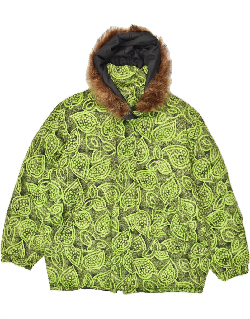 BELFE Womens Hooded Padded Jacket IT 48 XL Green Floral Nylon | Vintage Belfe | Thrift | Second-Hand Belfe | Used Clothing | Messina Hembry 