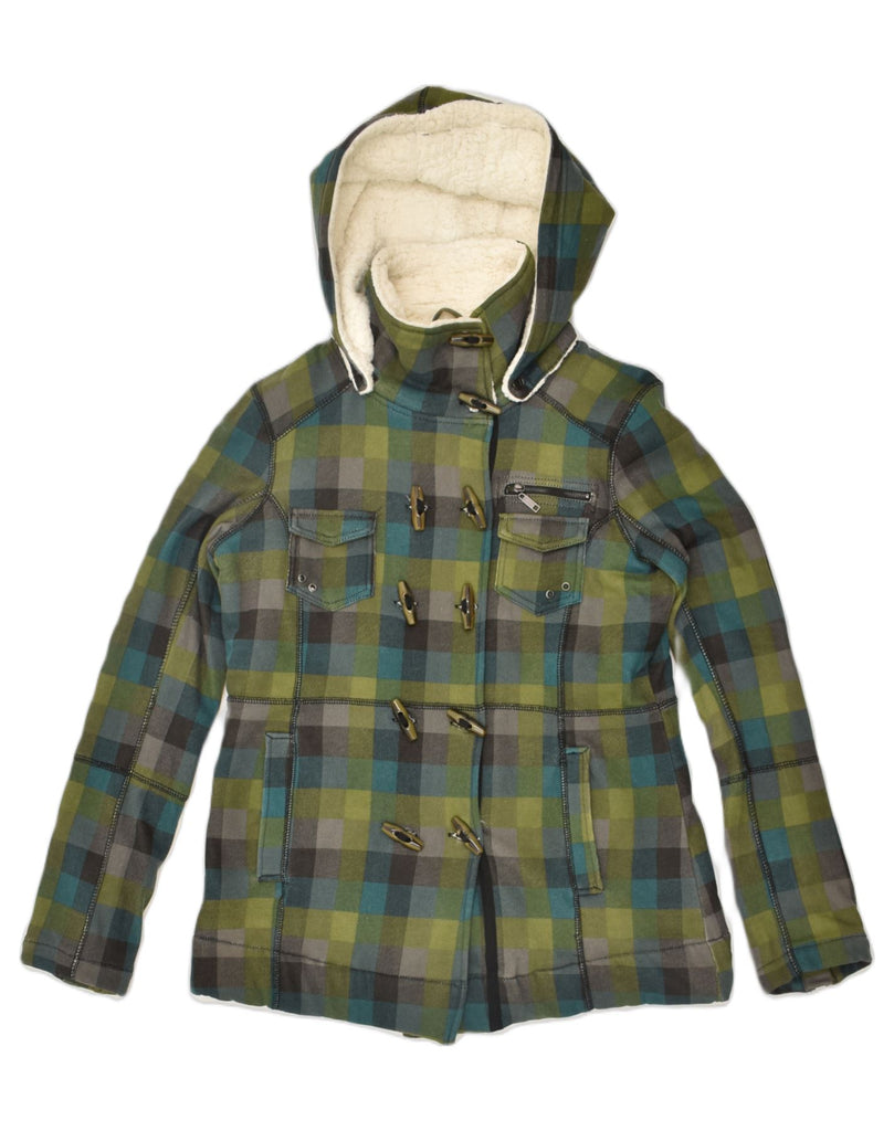 HURLEY Womens Hooded Duffle Jacket UK 14 Medium Green Check Cotton | Vintage Hurley | Thrift | Second-Hand Hurley | Used Clothing | Messina Hembry 