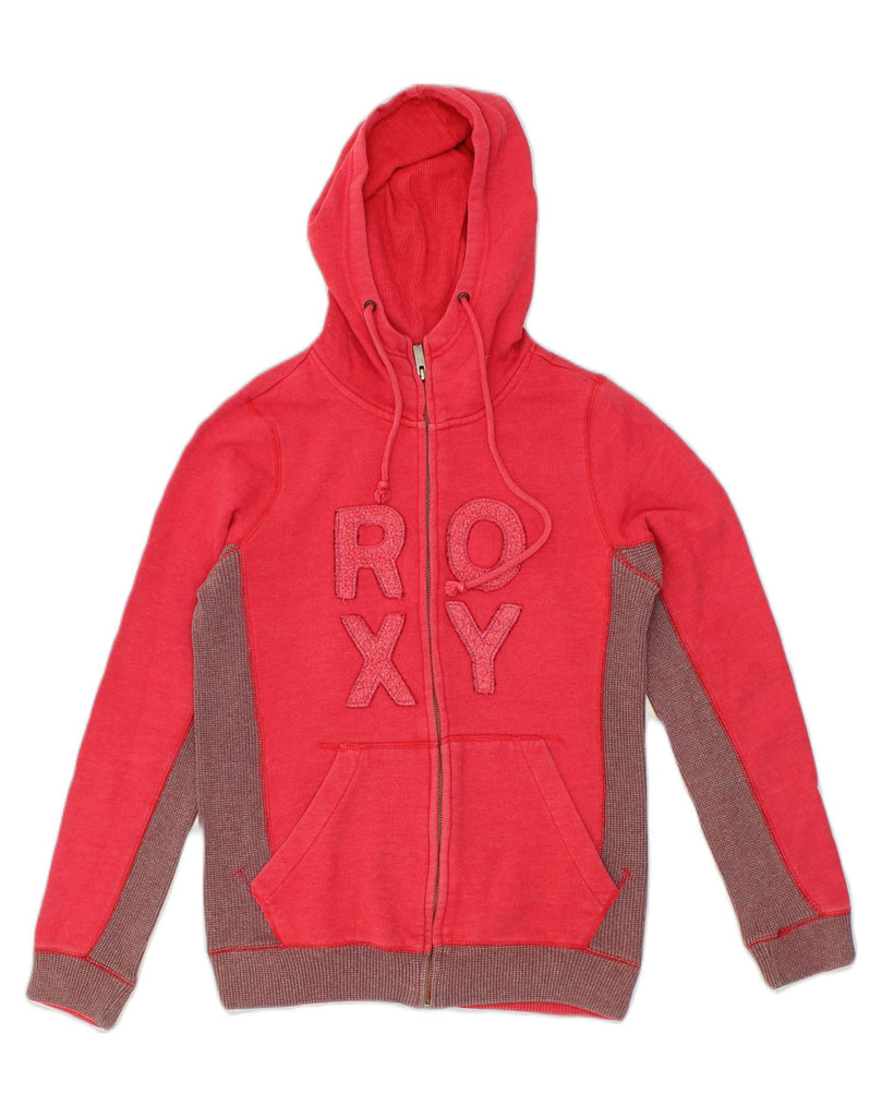 ROXY Womens Graphic Zip Hoodie Sweater UK 14 Medium Red Colourblock Cotton | Vintage Roxy | Thrift | Second-Hand Roxy | Used Clothing | Messina Hembry 