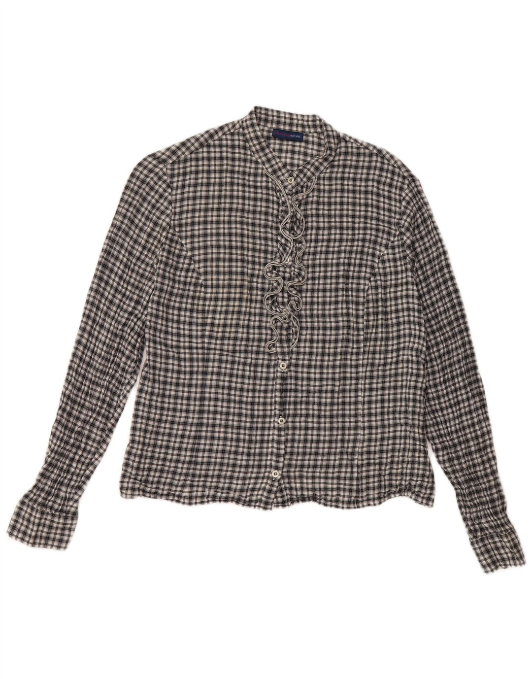 Trussardi Jeans Womens Ruffle Front Shirt UK 14 Large Black Check Cotton