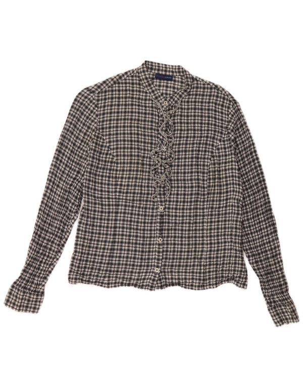 Trussardi Jeans Womens Ruffle Front Shirt UK 14 Large Black Check Cotton