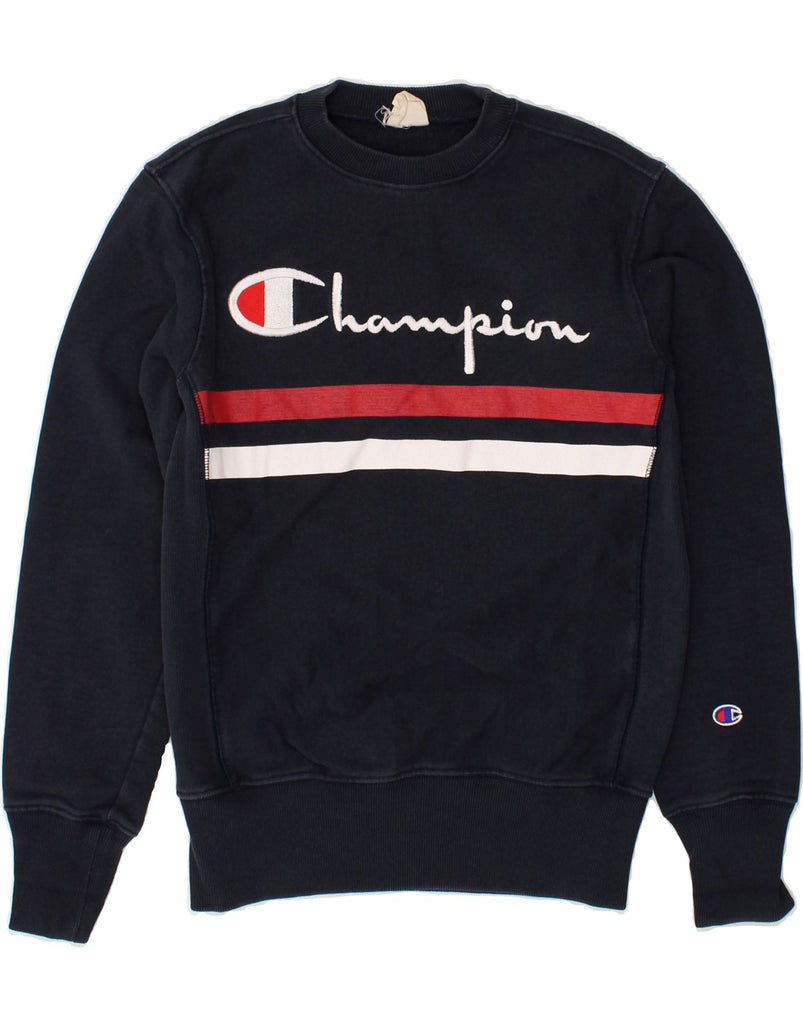 CHAMPION Mens Graphic Sweatshirt Jumper Small Navy Blue Cotton | Vintage Champion | Thrift | Second-Hand Champion | Used Clothing | Messina Hembry 