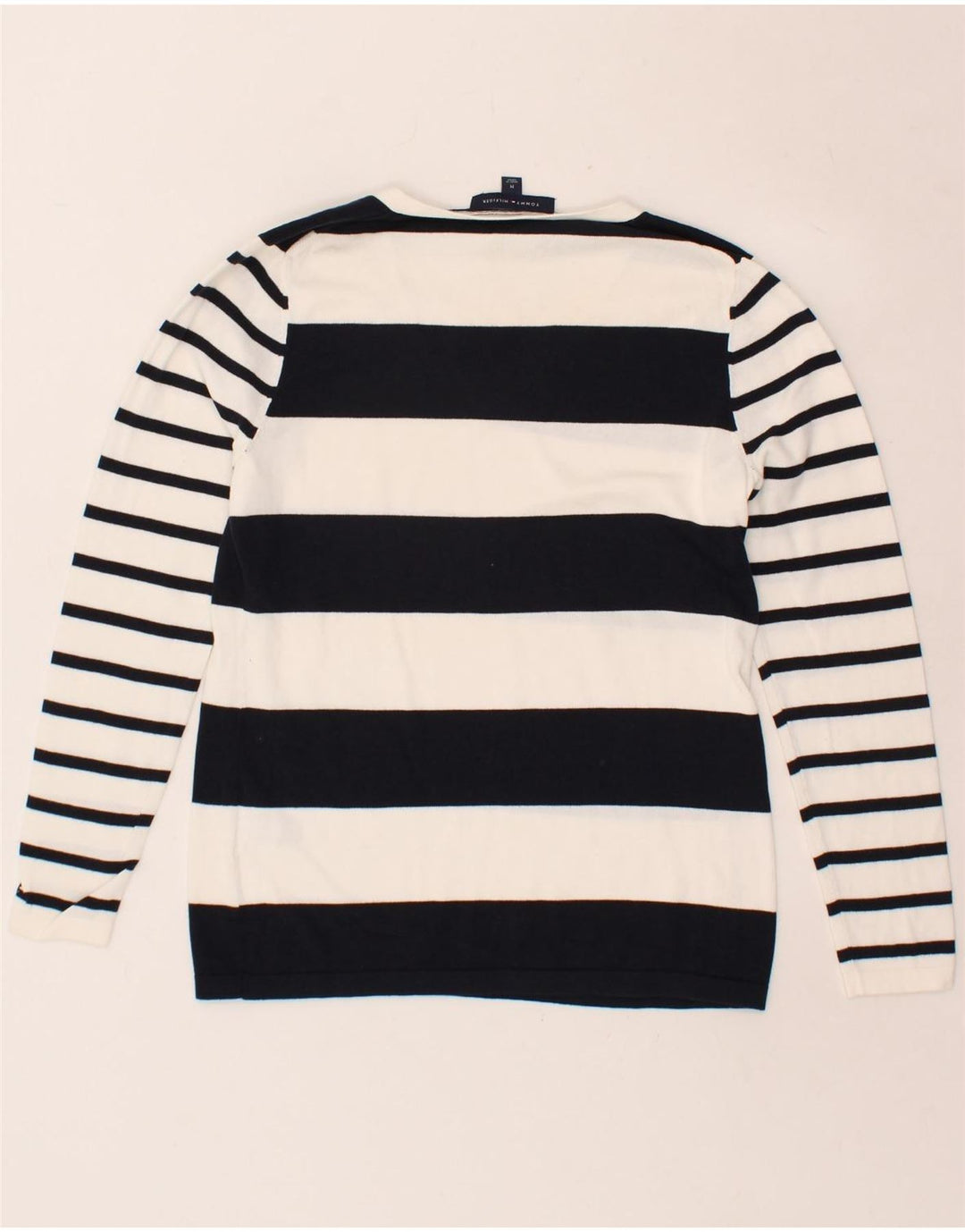 TOMMY HILFIGER Womens V-Neck Jumper Sweater UK 12 Medium White Striped Vintage Tommy Hilfiger and Second-Hand Tommy Hilfiger from Messina Hembry 