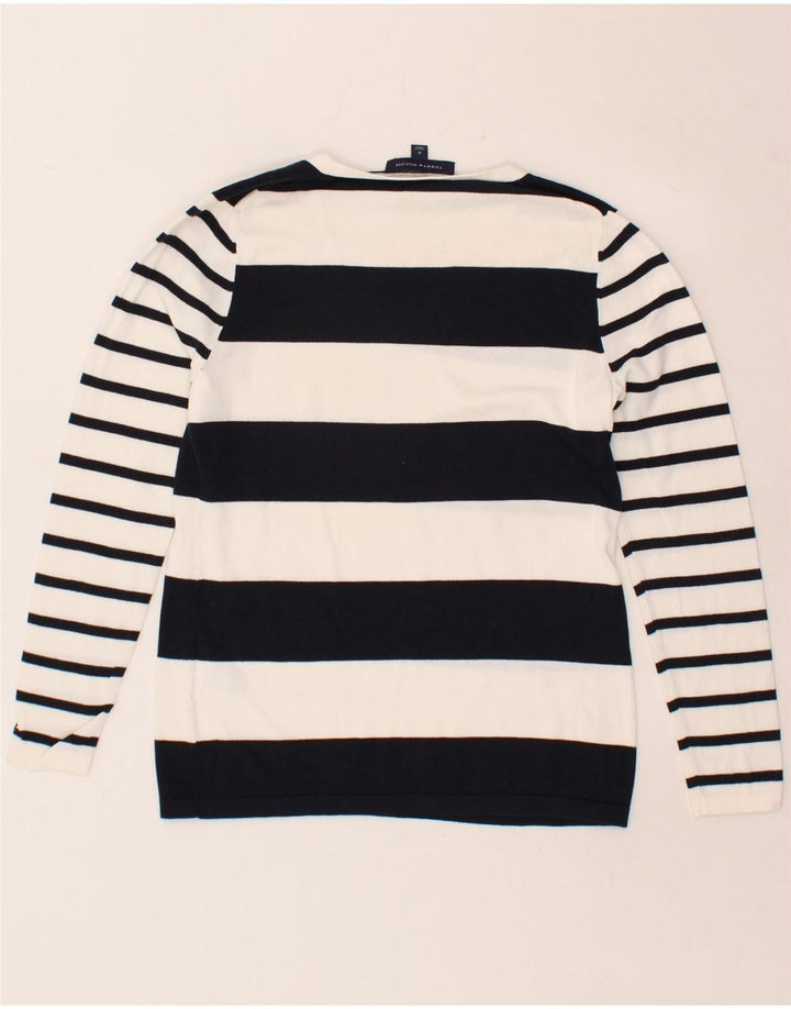TOMMY HILFIGER Womens V-Neck Jumper Sweater UK 12 Medium White Striped Vintage Tommy Hilfiger and Second-Hand Tommy Hilfiger from Messina Hembry 