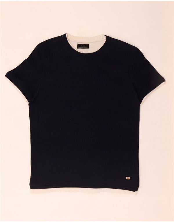 Zara Mens T-Shirt Top Small Navy Blue Colourblock Cotton
