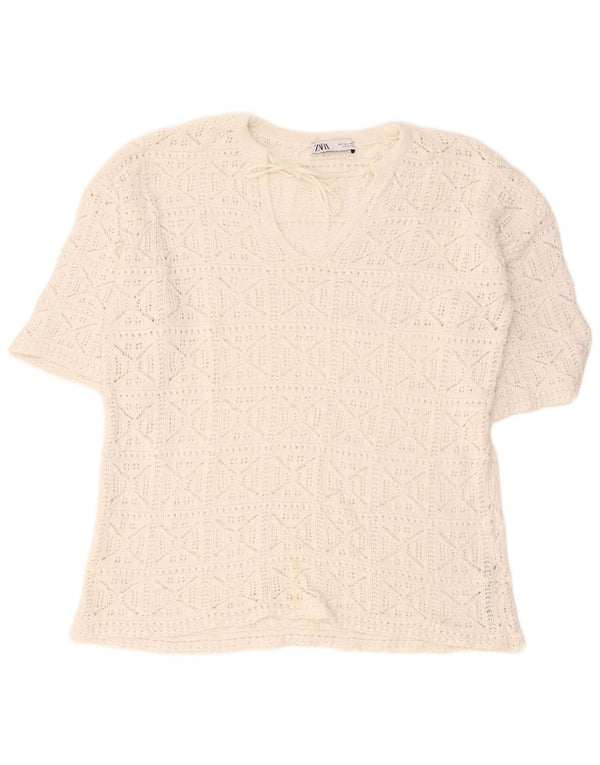 Zara Womens Oversized Crochet Blouse Top UK 10 Small White Cotton