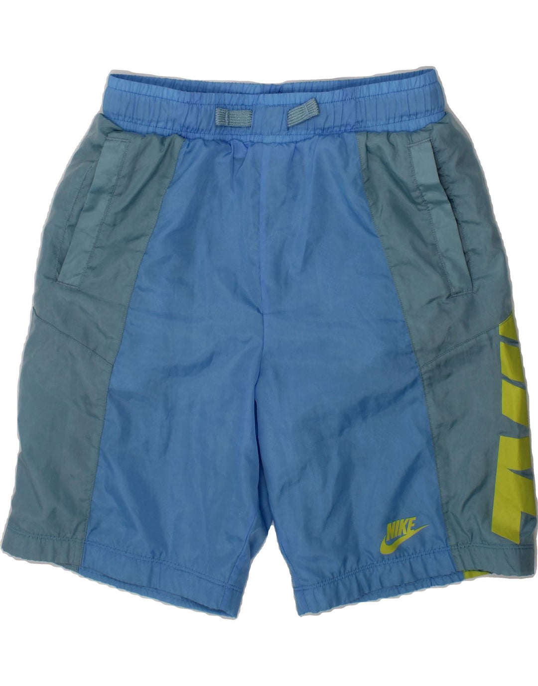 NIKE Boys Graphic Sport Shorts 10-11 Years Medium Blue Colourblock Vintage Nike and Second-Hand Nike from Messina Hembry 