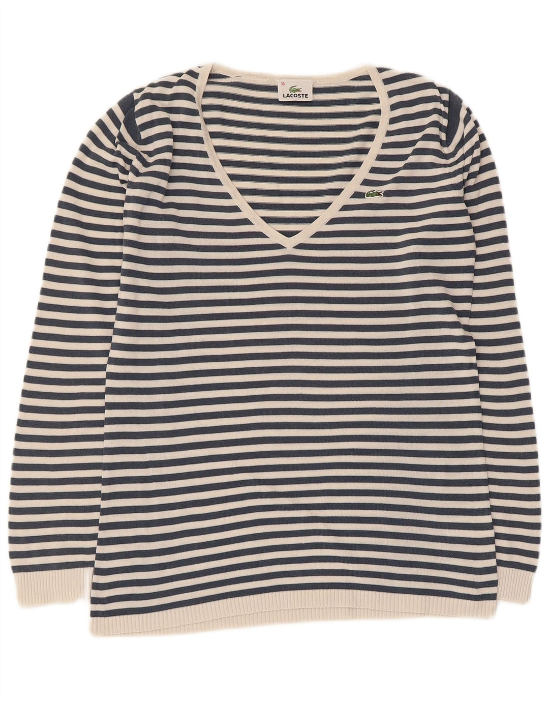 Lacoste Womens V-Neck Jumper Sweater Size 38 Medium Navy Blue Striped