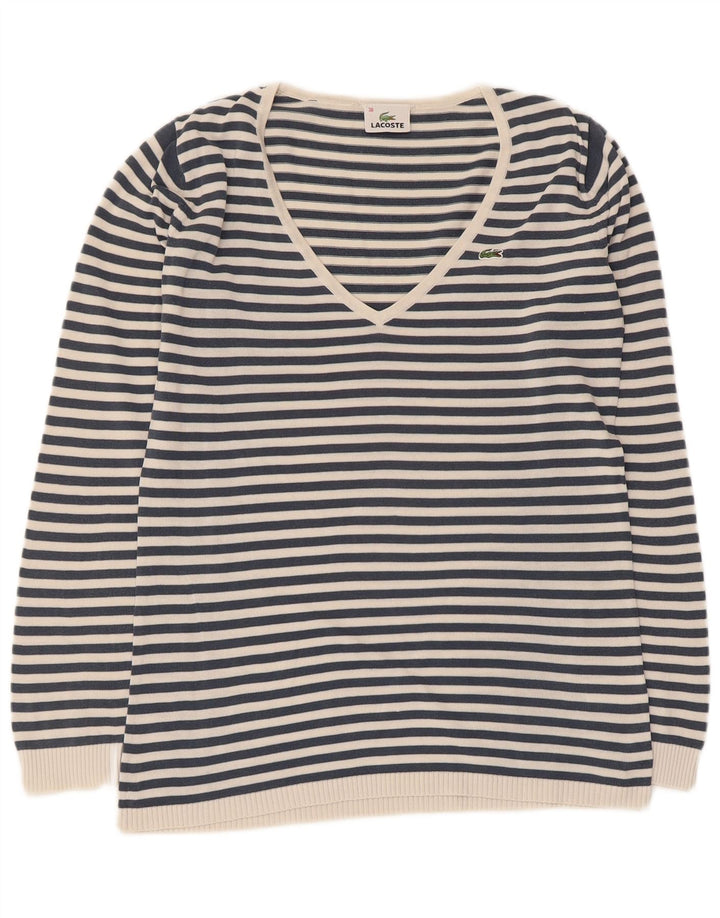 Lacoste Womens V-Neck Jumper Sweater Size 38 Medium Navy Blue Striped