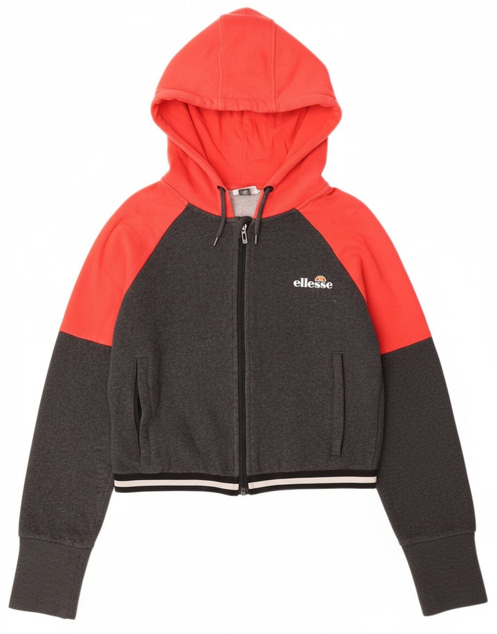 ELLESSE Womens Oversized Crop Zip Hoodie Sweater UK 6 XS Grey Colourblock