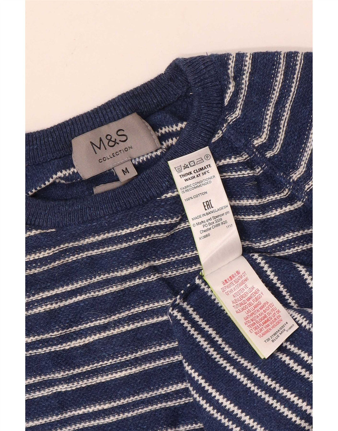 Marks & Spencer Mens Crew Neck Jumper Sweater Medium Navy Blue Striped
