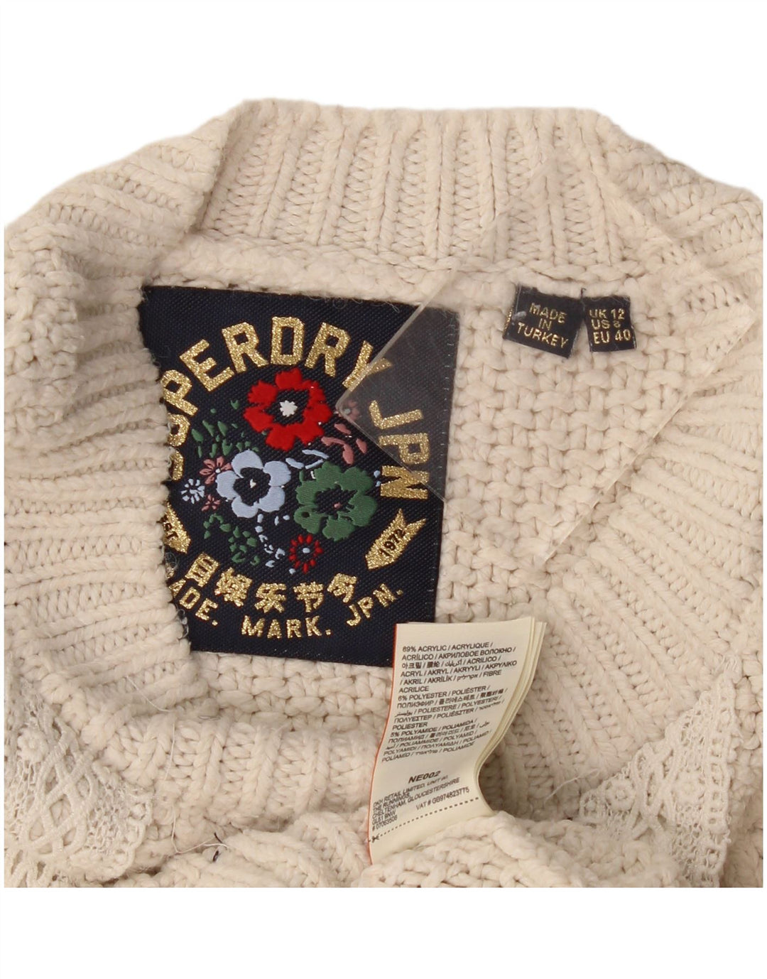 Superdry Womens Oversized Crew Neck Jumper Sweater UK 12 Medium Off White
