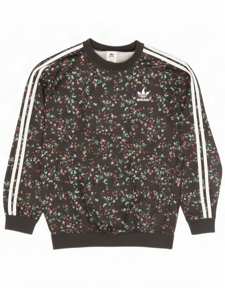 Adidas Womens Sweatshirt Jumper UK 12 Medium Black Floral Polyester