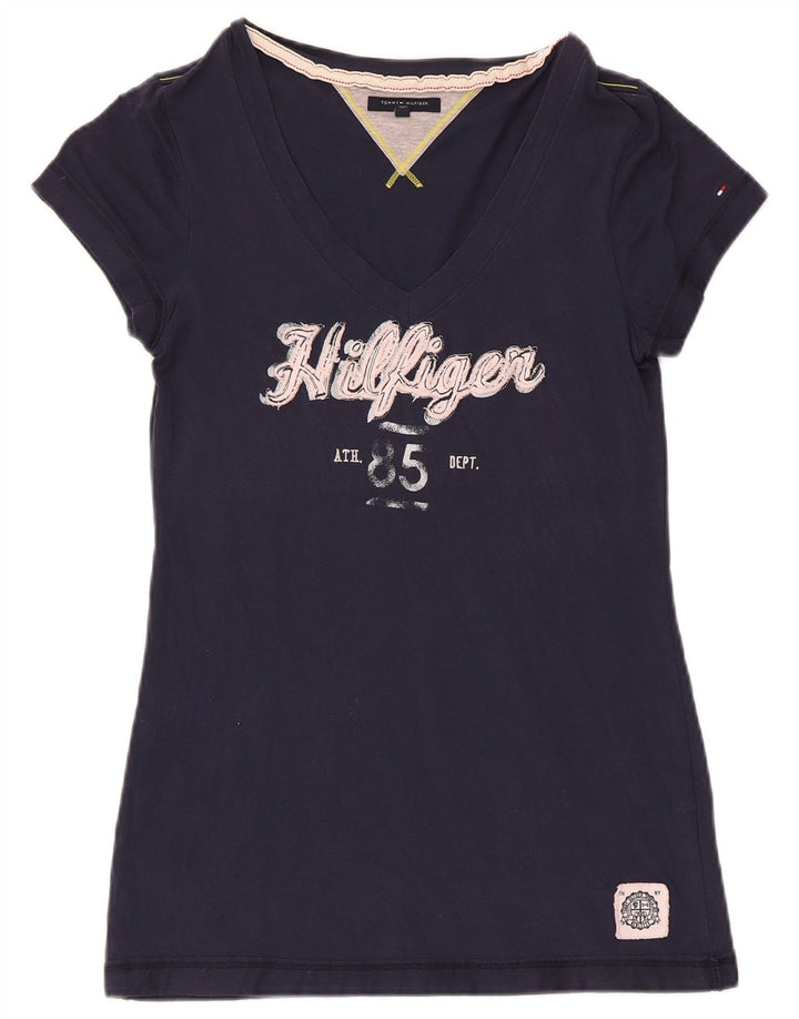 TOMMY HILFIGER Womens Graphic T-Shirt Top UK 12 Medium Navy Blue Cotton