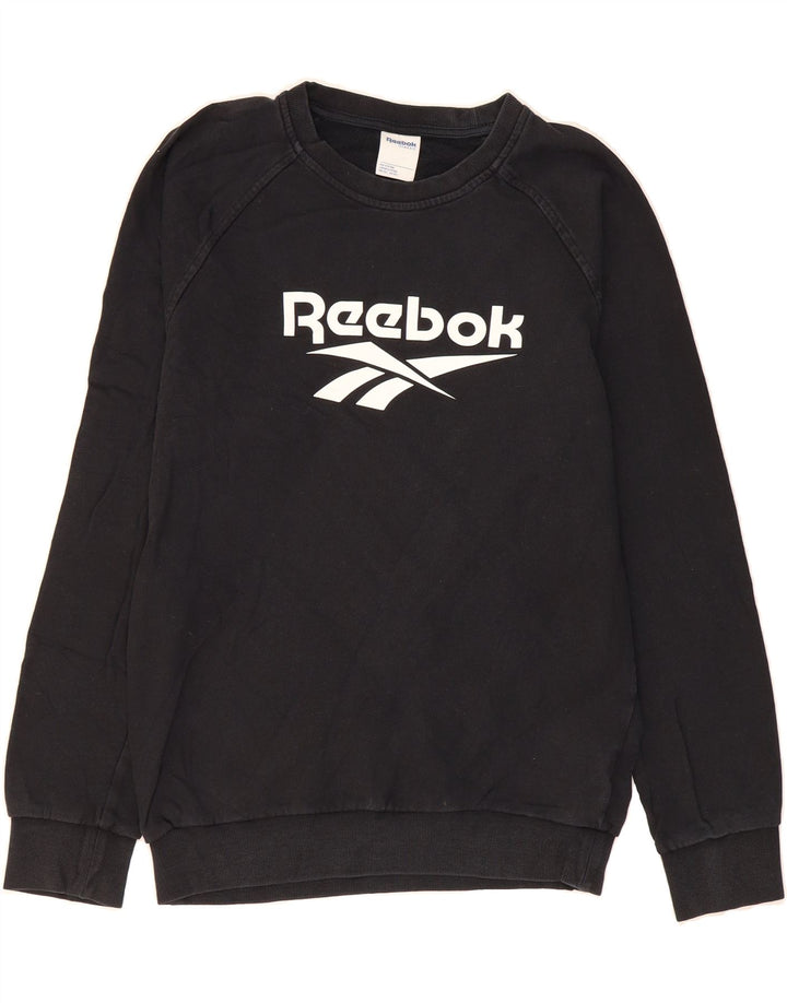 REEBOK Mens Graphic Sweatshirt Jumper Small Black Cotton Vintage Reebok and Second-Hand Reebok from Messina Hembry 