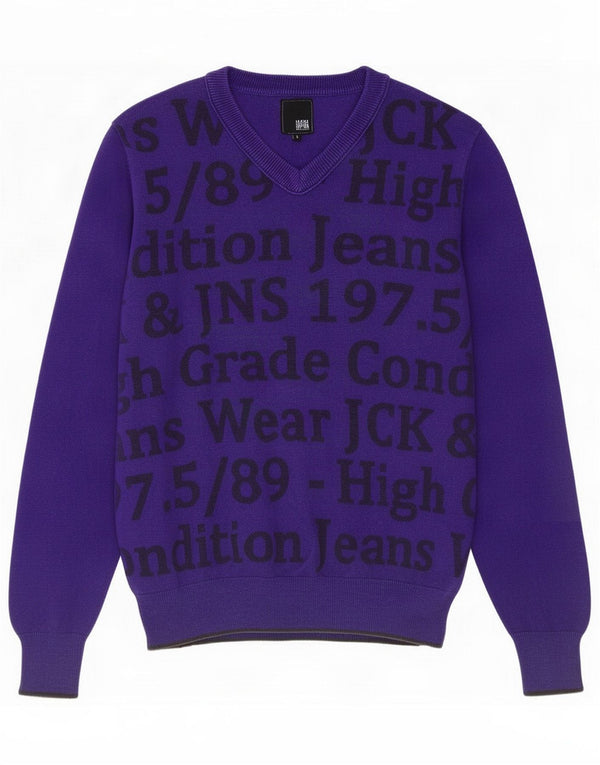 Jack & Jones Mens Graphic V-Neck Jumper Sweater Small Purple Cotton