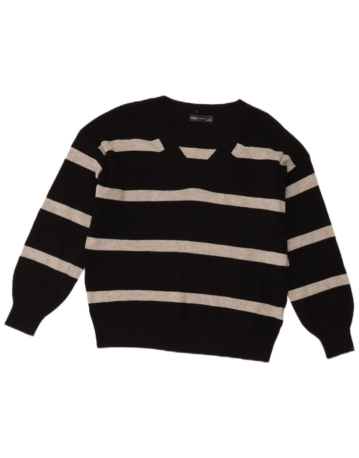 Marks & Spencer Womens V-Neck Jumper Sweater UK 14 Medium Black Striped