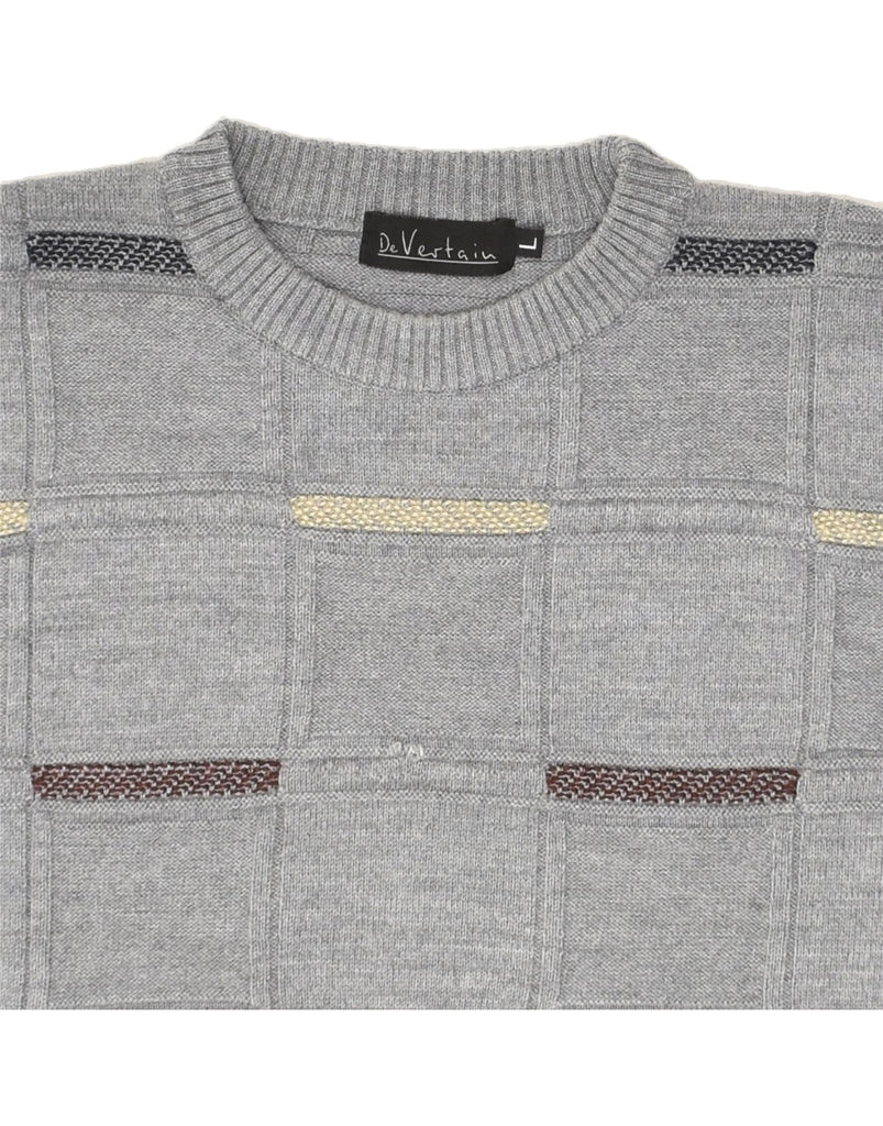 VINTAGE Mens Crew Neck Jumper Sweater Large Grey Striped Wool Vintage Vintage and Second-Hand Vintage from Messina Hembry 