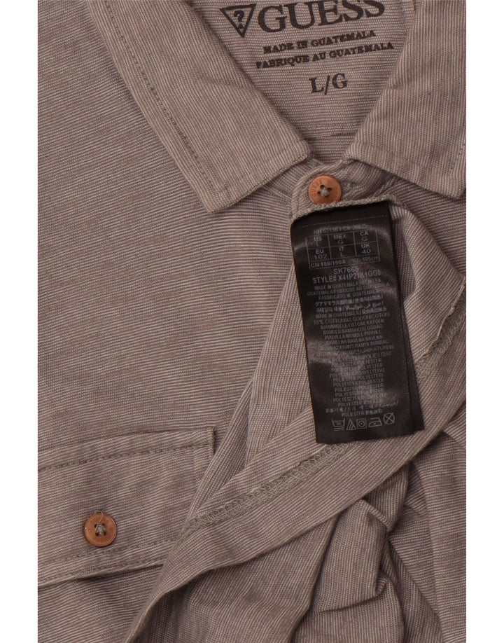 GUESS Mens Military Polo Shirt Large Grey Pinstripe Cotton