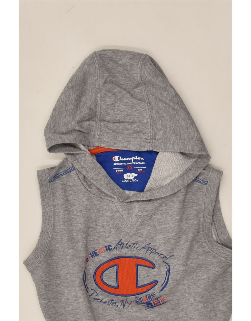 CHAMPION Boys Sleeveless Graphic Hoodie Jumper 5-6 Years XS Grey Cotton | Vintage Champion | Thrift | Second-Hand Champion | Used Clothing | Messina Hembry 