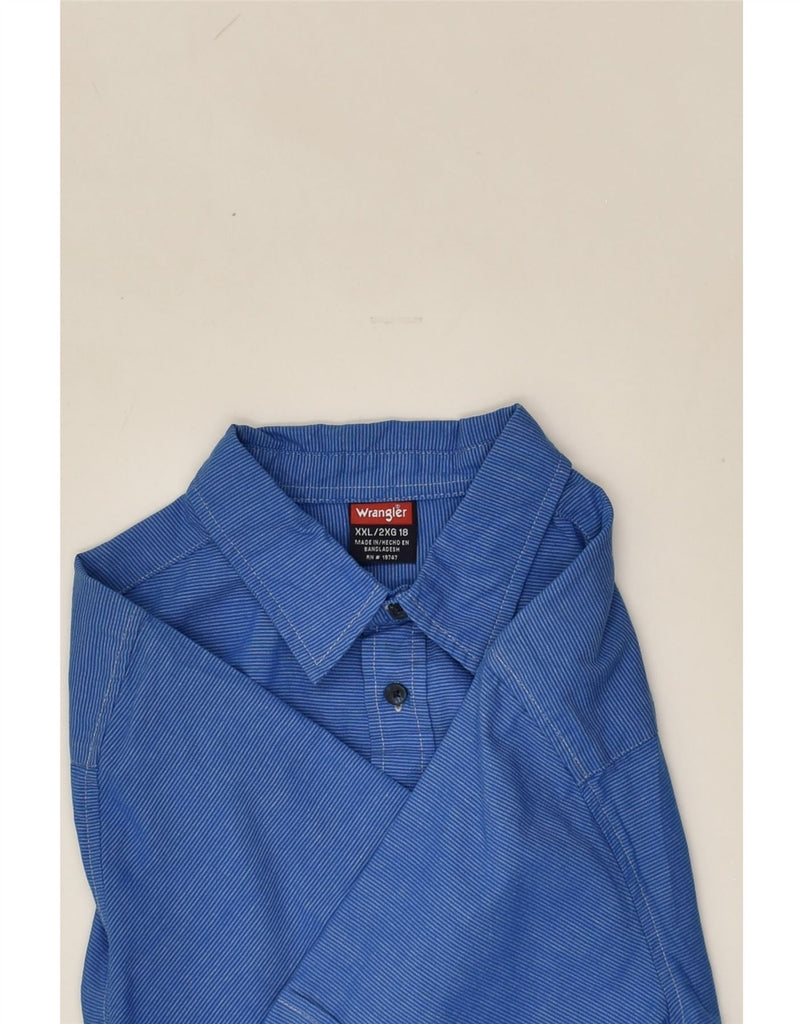 WRANGLER Boys Short Sleeve Shirt 15-16 Years 2XL Blue Pinstripe Cotton | Vintage Wrangler | Thrift | Second-Hand Wrangler | Used Clothing | Messina Hembry 