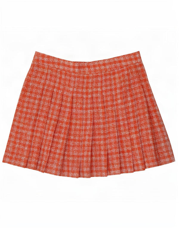 Zara Womens Mini Knife Pleated Skirt Large W30 Orange Gingham Polyester