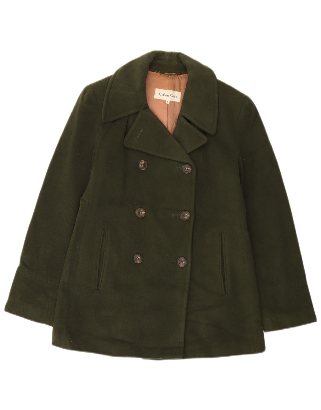 CALVIN KLEIN Womens Pea Coat US 6 Medium Khaki Wool