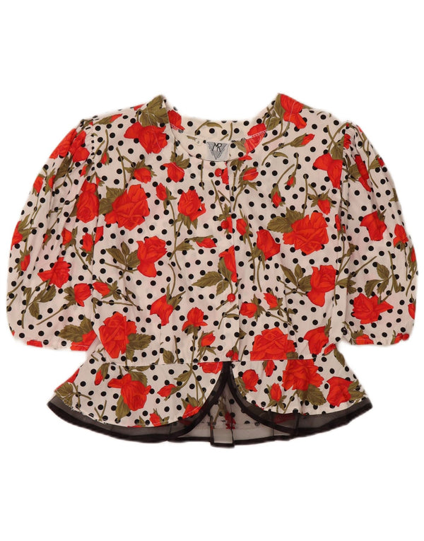 Vintage Womens Crop 3/4 Sleeve Blouse Top UK 10 Small White Floral Cotton