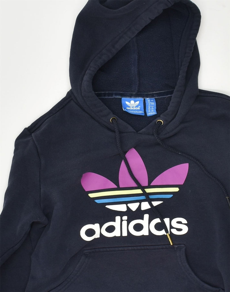 ADIDAS Womens Graphic Hoodie Jumper UK 8 Small Navy Blue Cotton | Vintage Adidas | Thrift | Second-Hand Adidas | Used Clothing | Messina Hembry 