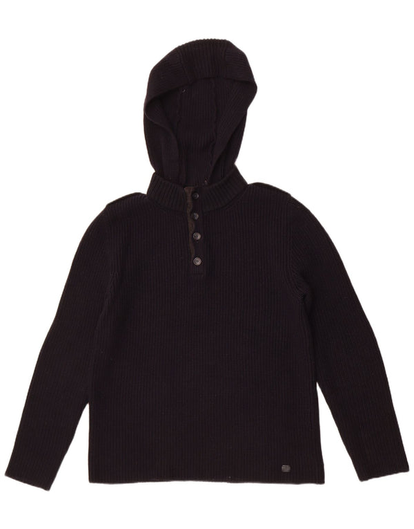Trussardi Mens Hooded Button Neck Jumper Sweater Medium Navy Blue Wool