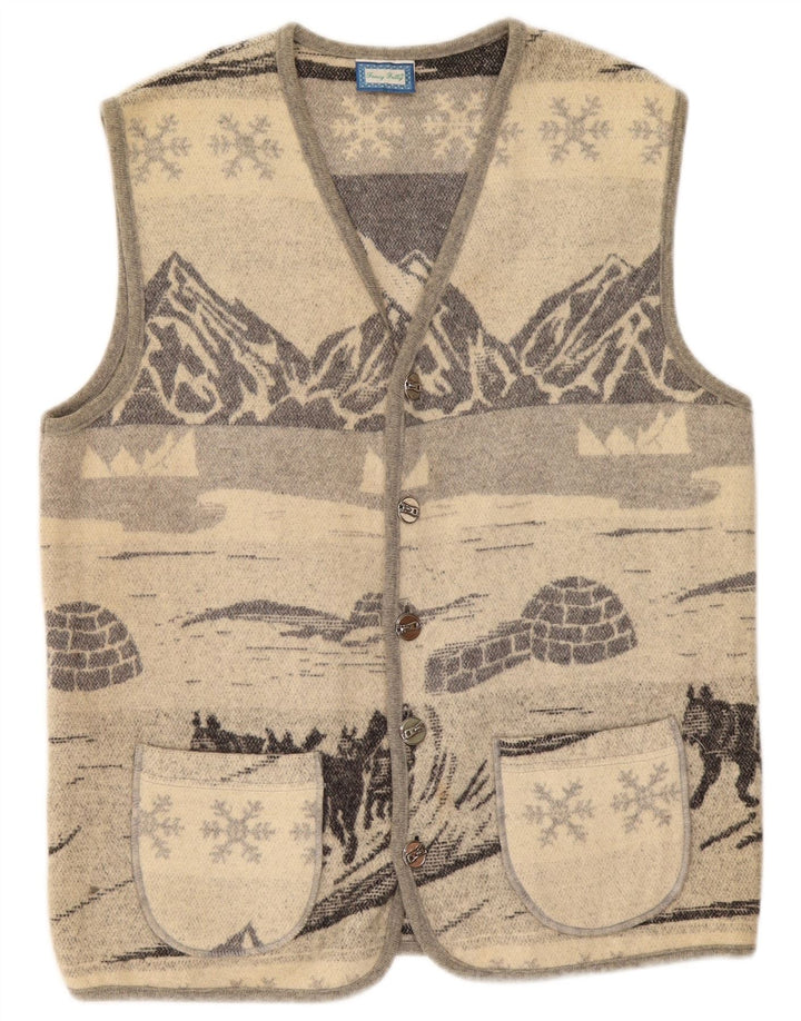 Vintage Mens Graphic Sleeveless Cardigan Sweater Medium Grey Wool